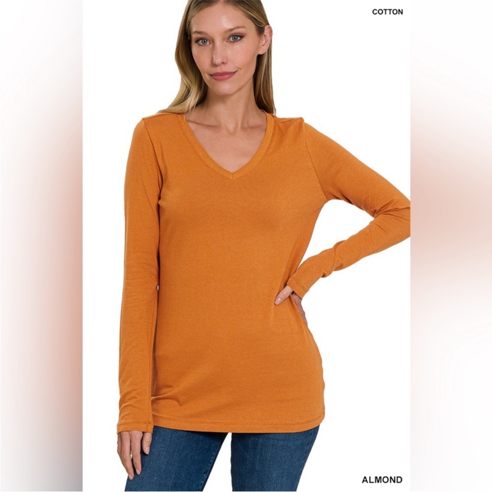 New! Zenana Brown Orange Soft V-Neck Long Sleeve Top, Size XL, Slim Fit